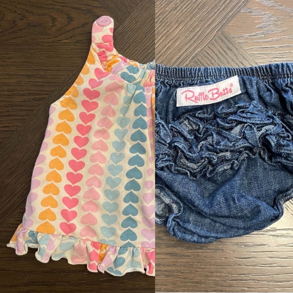 RuffleButts Rainbow Hearts Swing Top and denim bloomers, 12-18mos